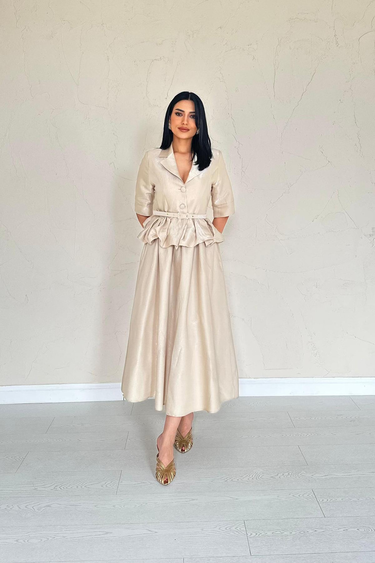 Beige Slim Belted Ruffled Jacket And Gathered Skirt Set