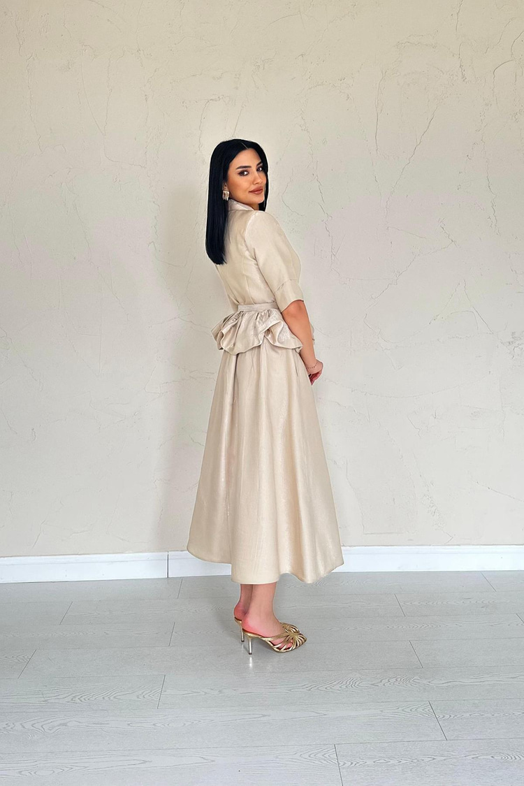 Beige Slim Belted Ruffled Jacket And Gathered Skirt Set
