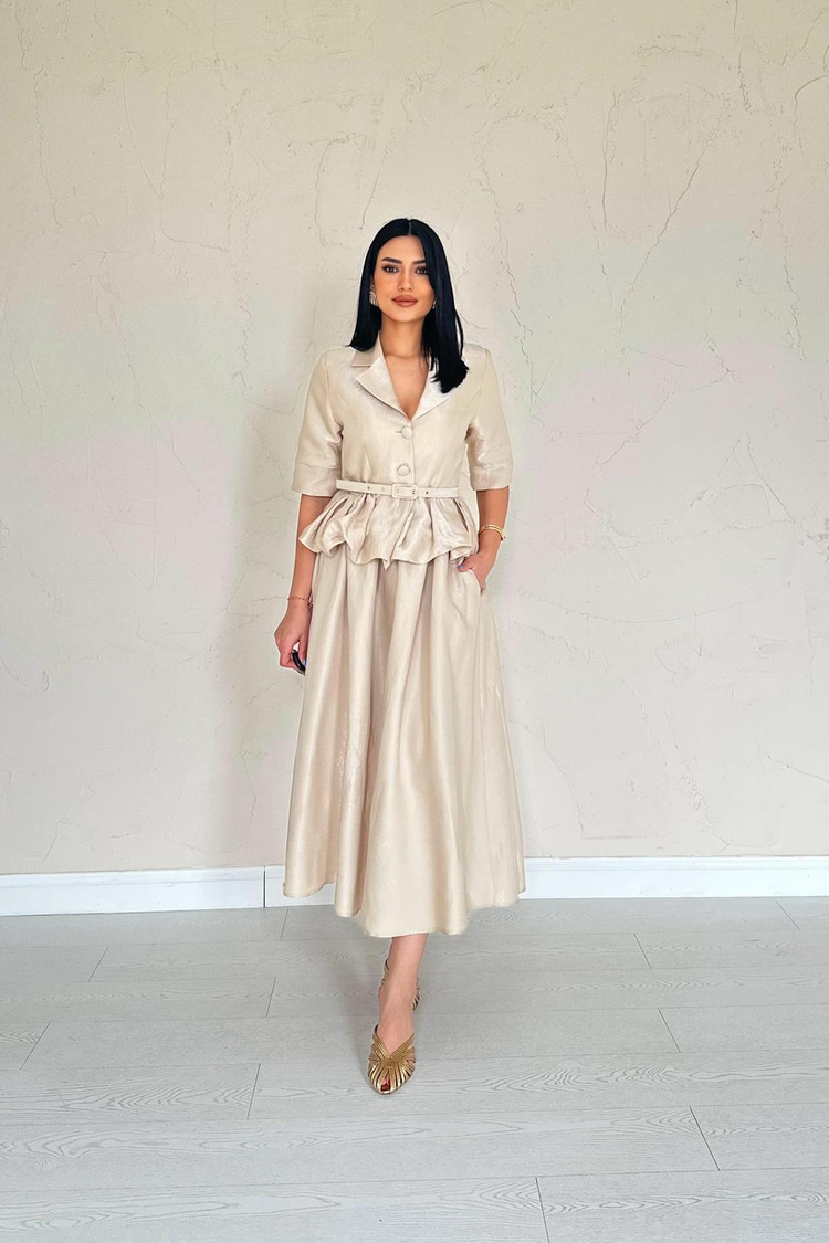 Beige Slim Belted Ruffled Jacket And Gathered Skirt Set