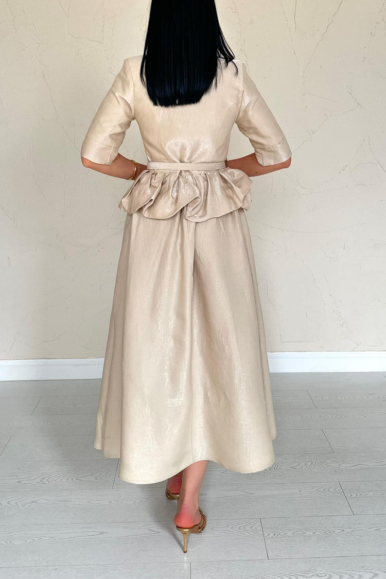 Beige Slim Belted Ruffled Jacket And Gathered Skirt Set