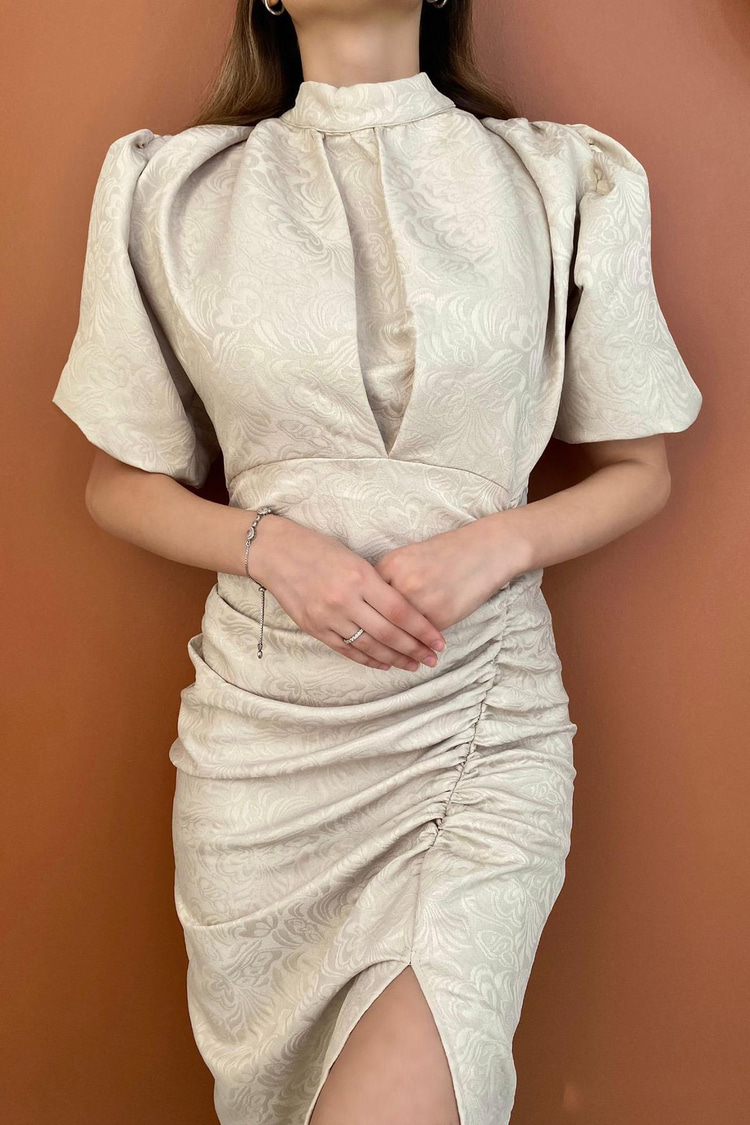 Beige Jacquard And Patterned Dress
