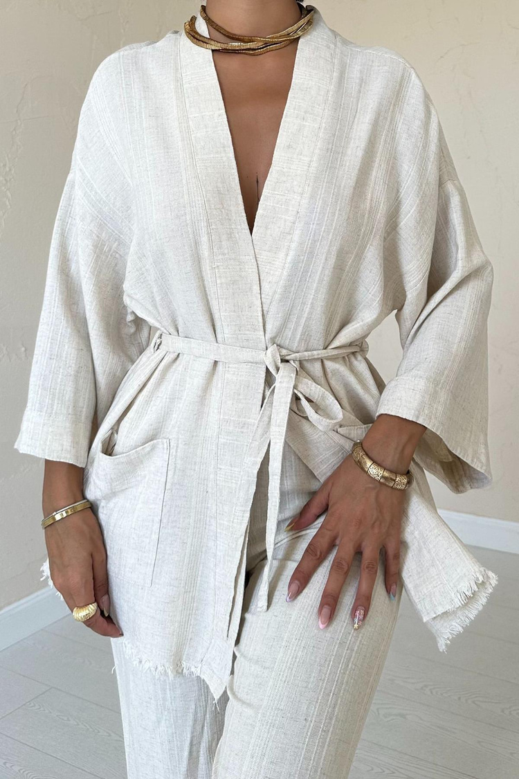 Bej Kimono Ve Pantolon Takım