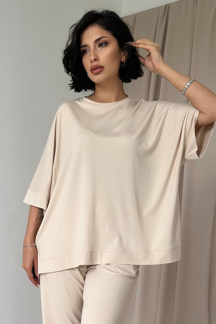 Beige Modal Blouse And Pants Set