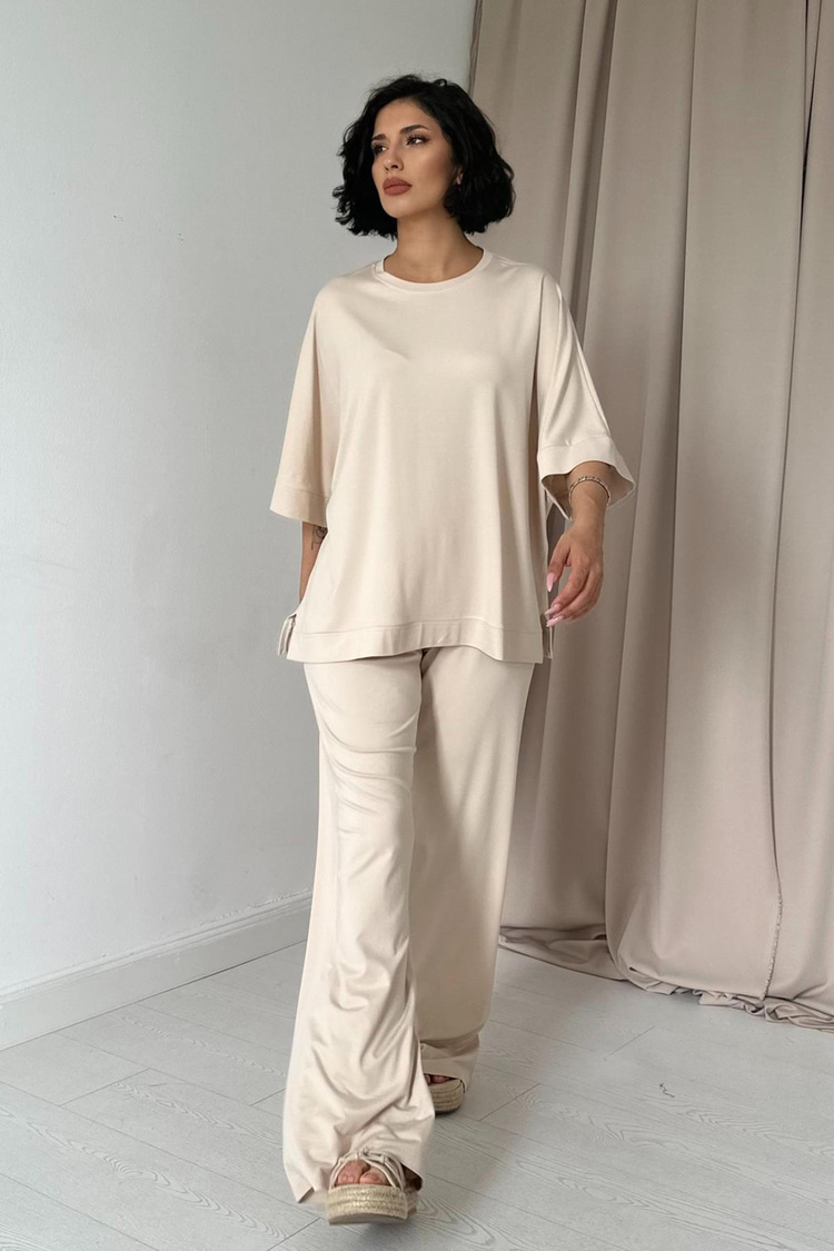 Beige Modal Blouse And Pants Set