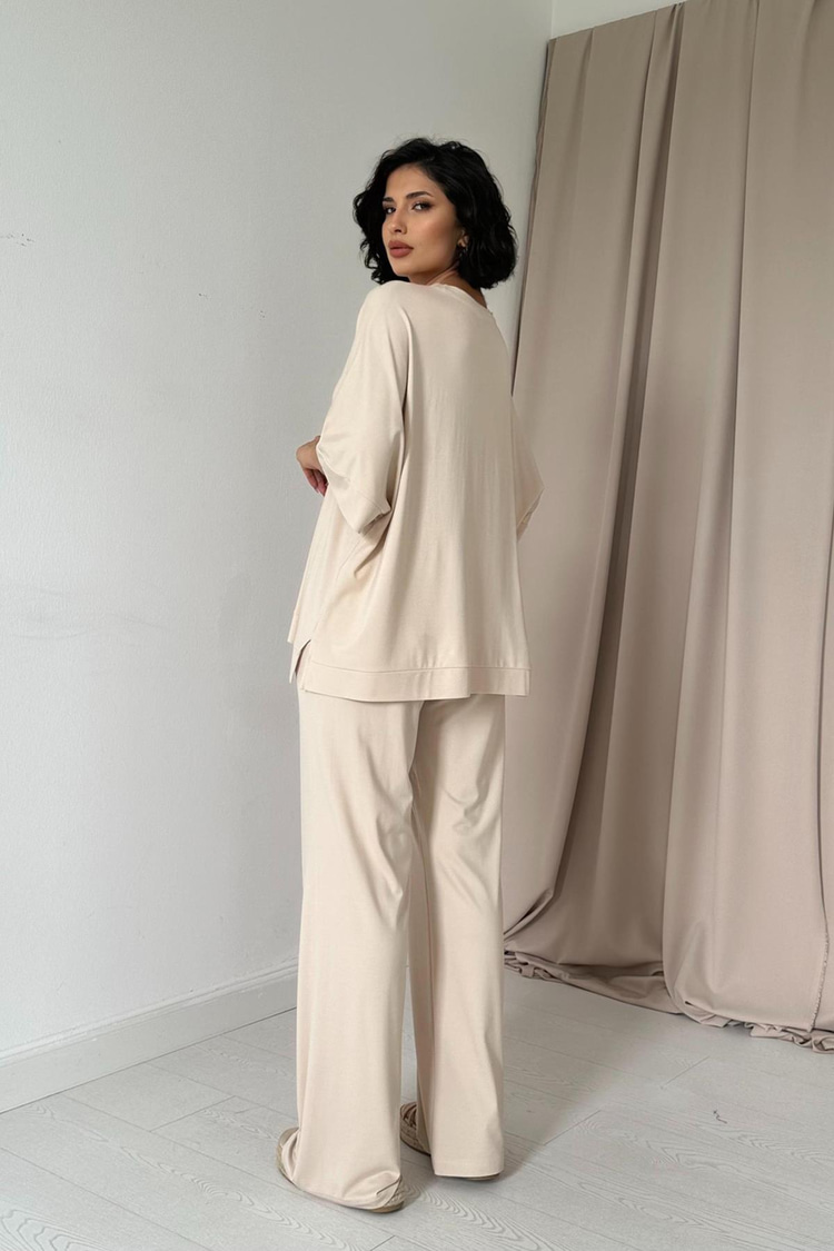 Beige Modal Blouse And Pants Set