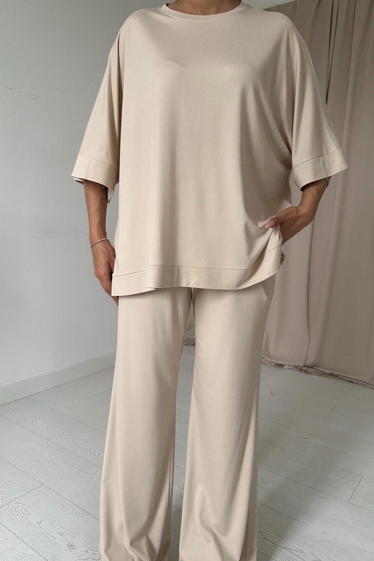 Beige Modal Blouse And Pants Set