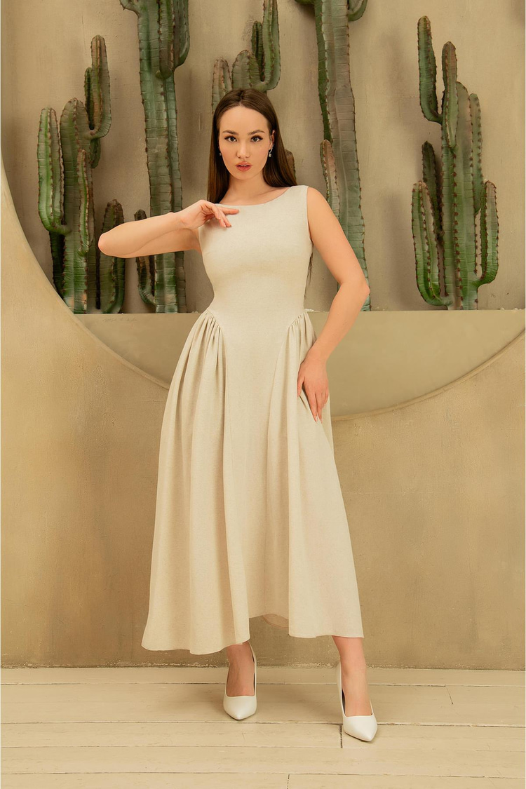 Beige Midi Length Linen Dress With Gathered Sides