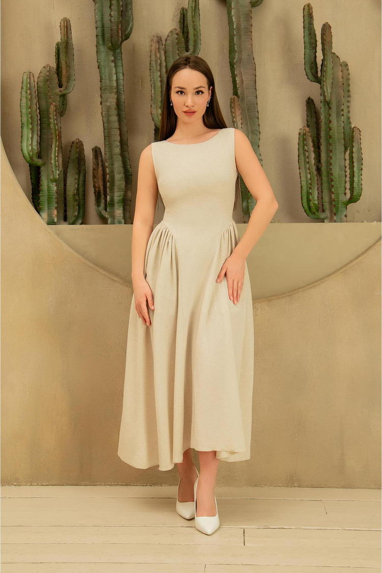 Beige Midi Length Linen Dress With Gathered Sides