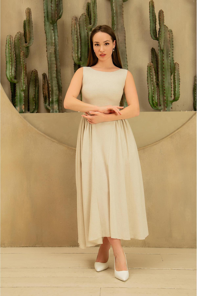Beige Midi Length Linen Dress With Gathered Sides