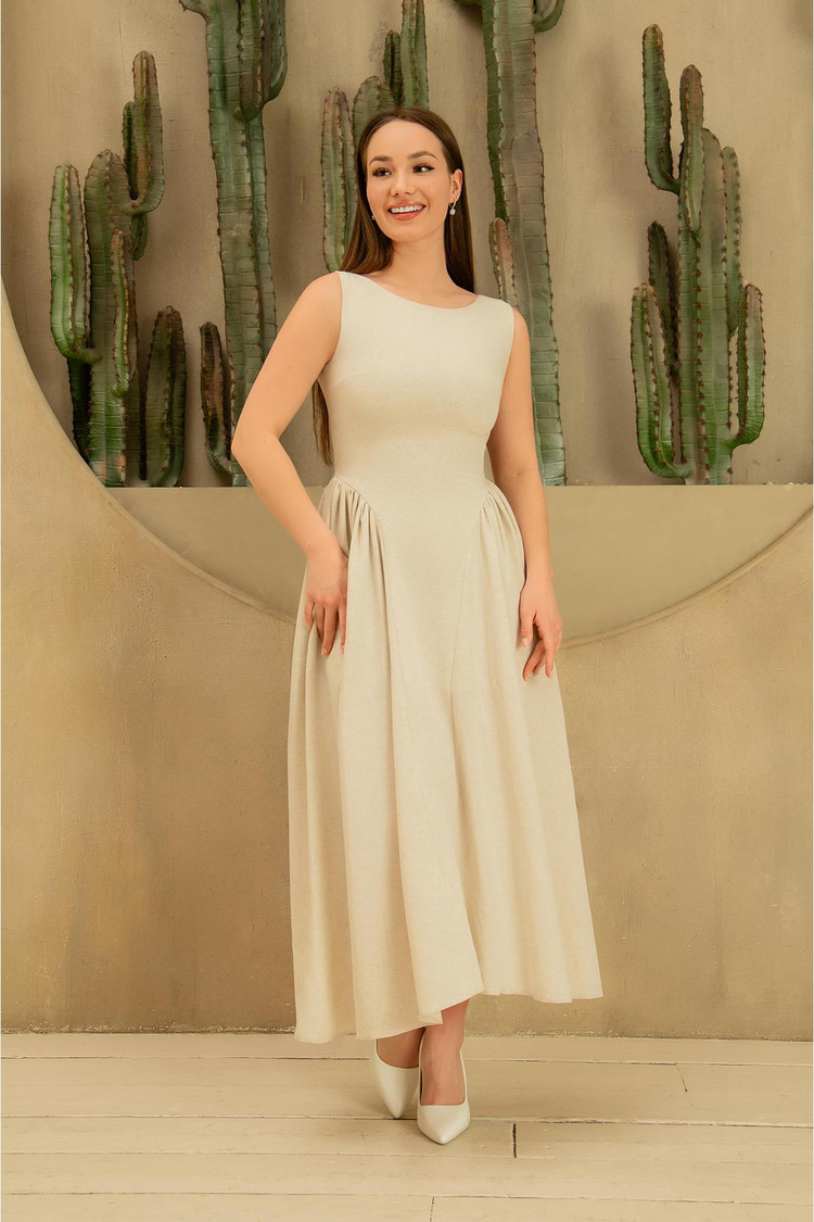 Beige Midi Length Linen Dress With Gathered Sides
