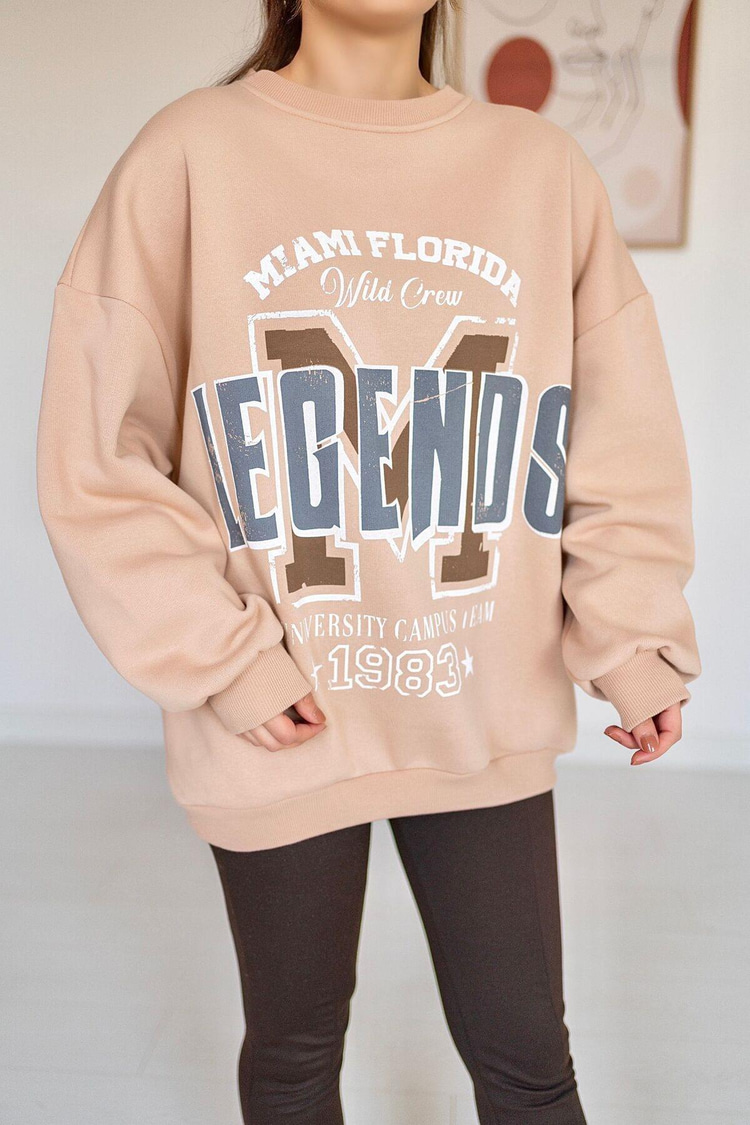 Bej Yazı Baskılı Sweatshirt