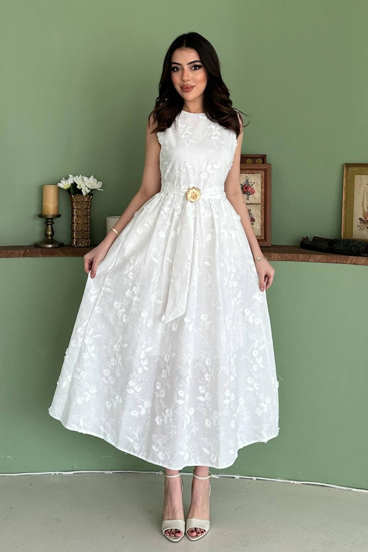 White Dress With 3D Embroidered Details