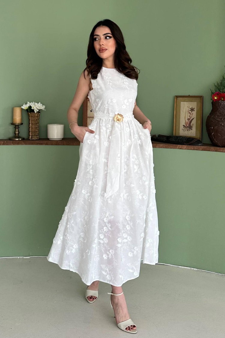 White Dress With 3D Embroidered Details