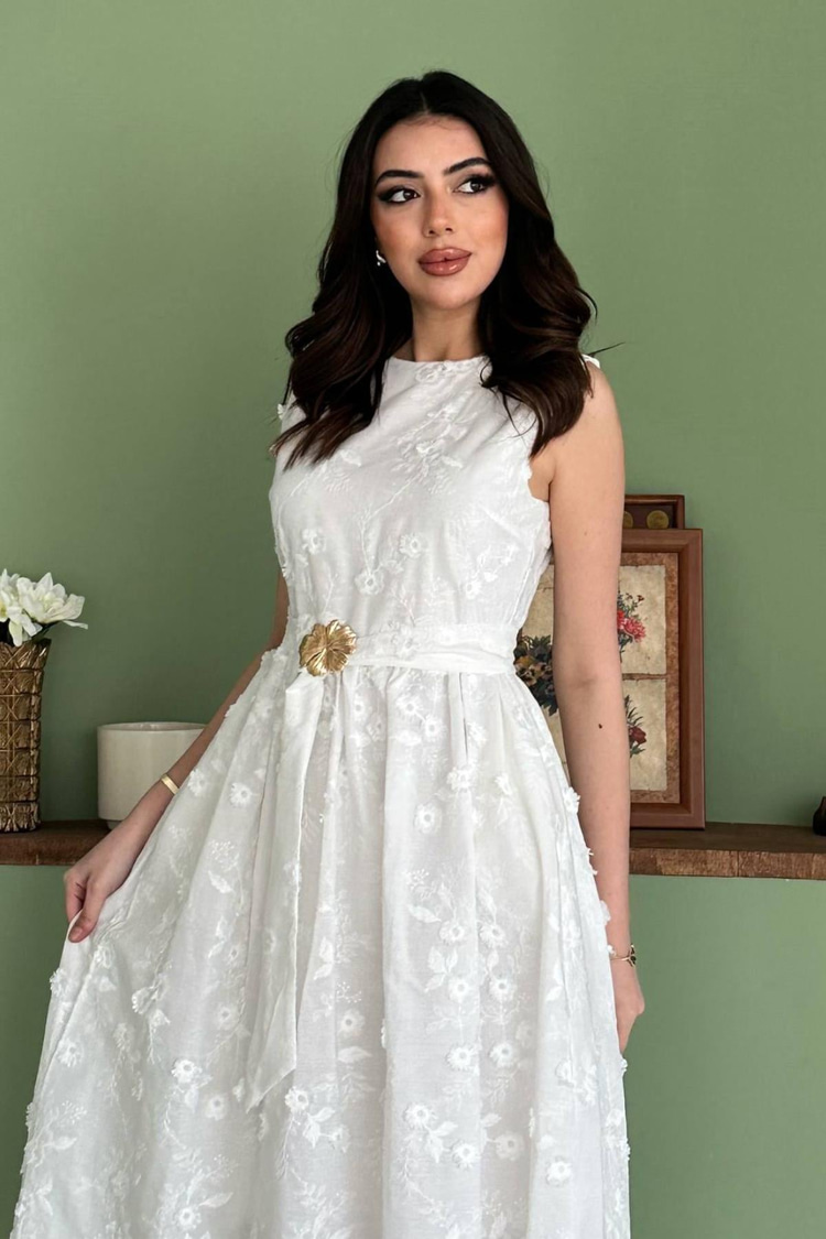 White Dress With 3D Embroidered Details