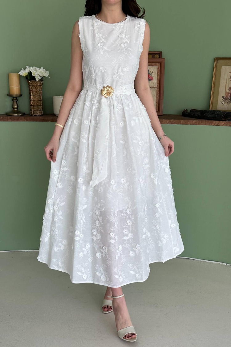 White Dress With 3D Embroidered Details