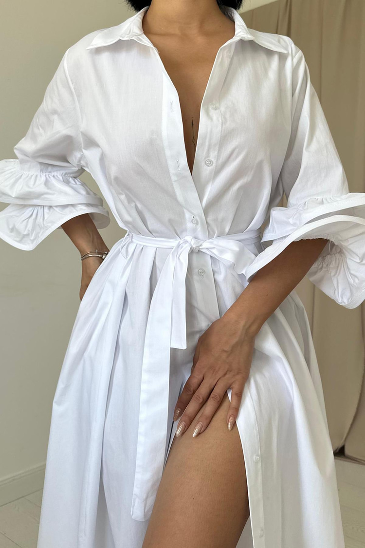 White Shirt Collar Belted Dress