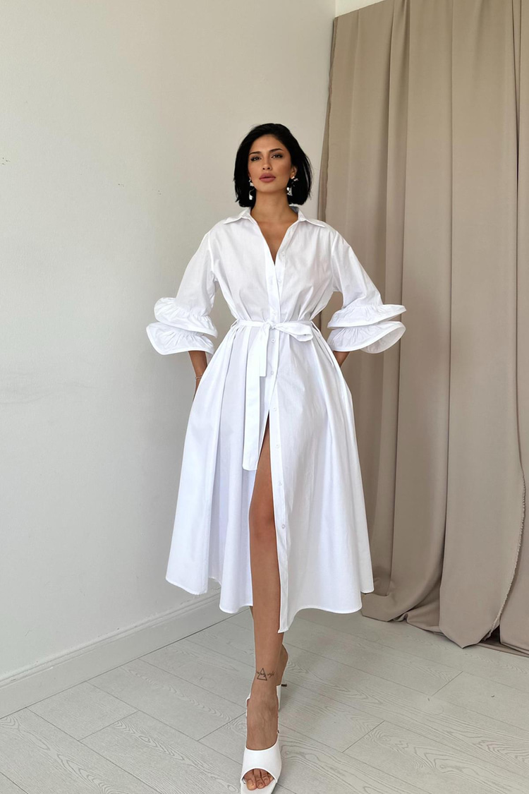 White Shirt Collar Belted Dress