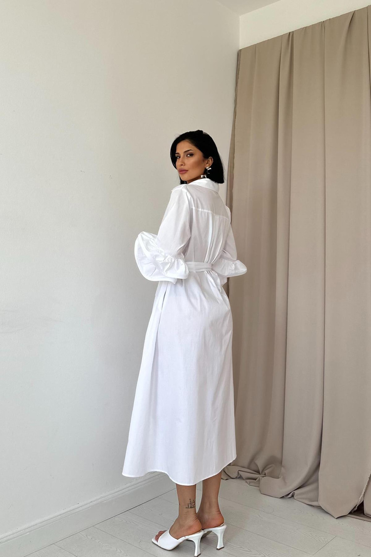 White Shirt Collar Belted Dress