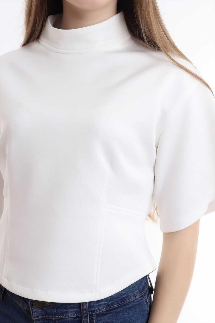 White Short-Sleeved Scuba Blouse