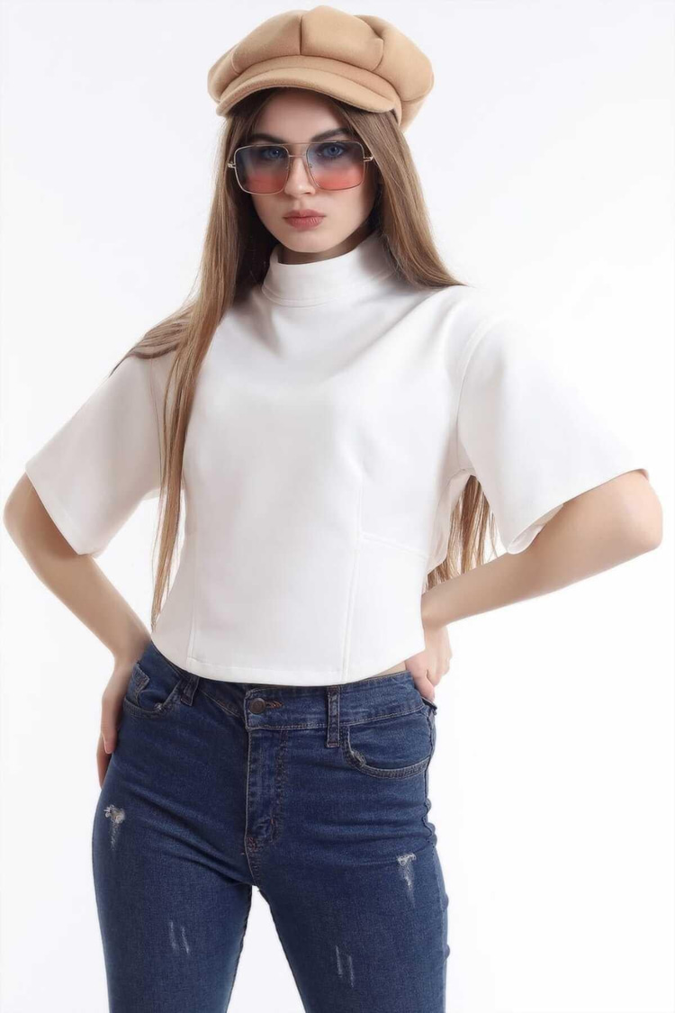 White Short-Sleeved Scuba Blouse