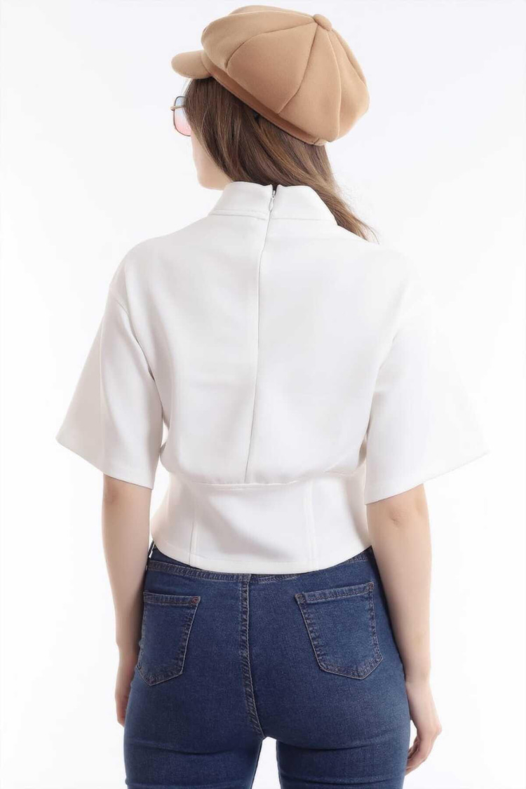 White Short-Sleeved Scuba Blouse