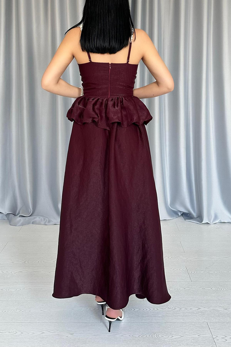 Burgundy Long Dress With Gathered Waist And Pearl Straps