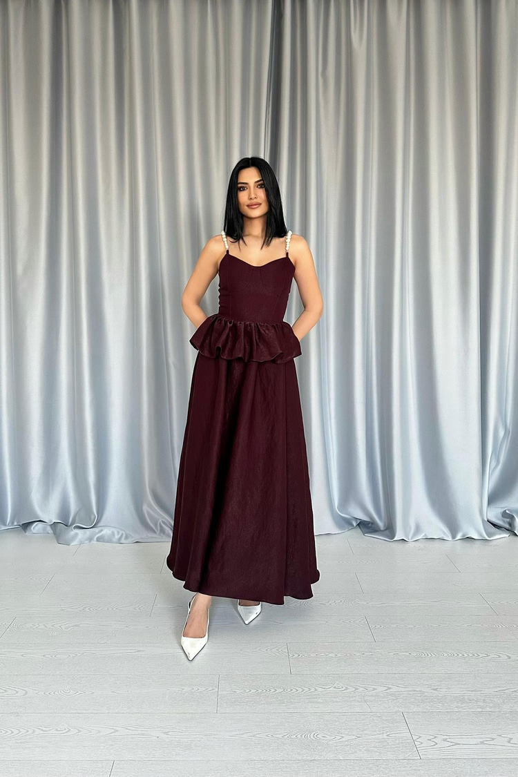 Burgundy Long Dress With Gathered Waist And Pearl Straps
