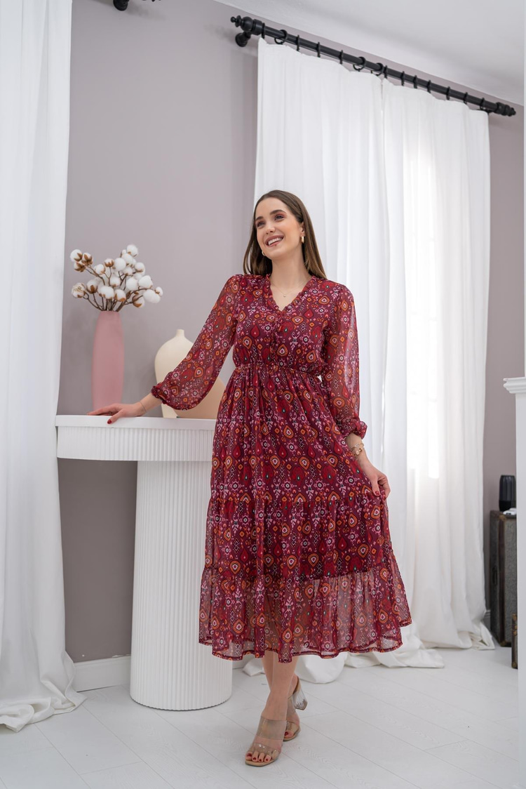 Burgundy Patterned Chiffon Dress