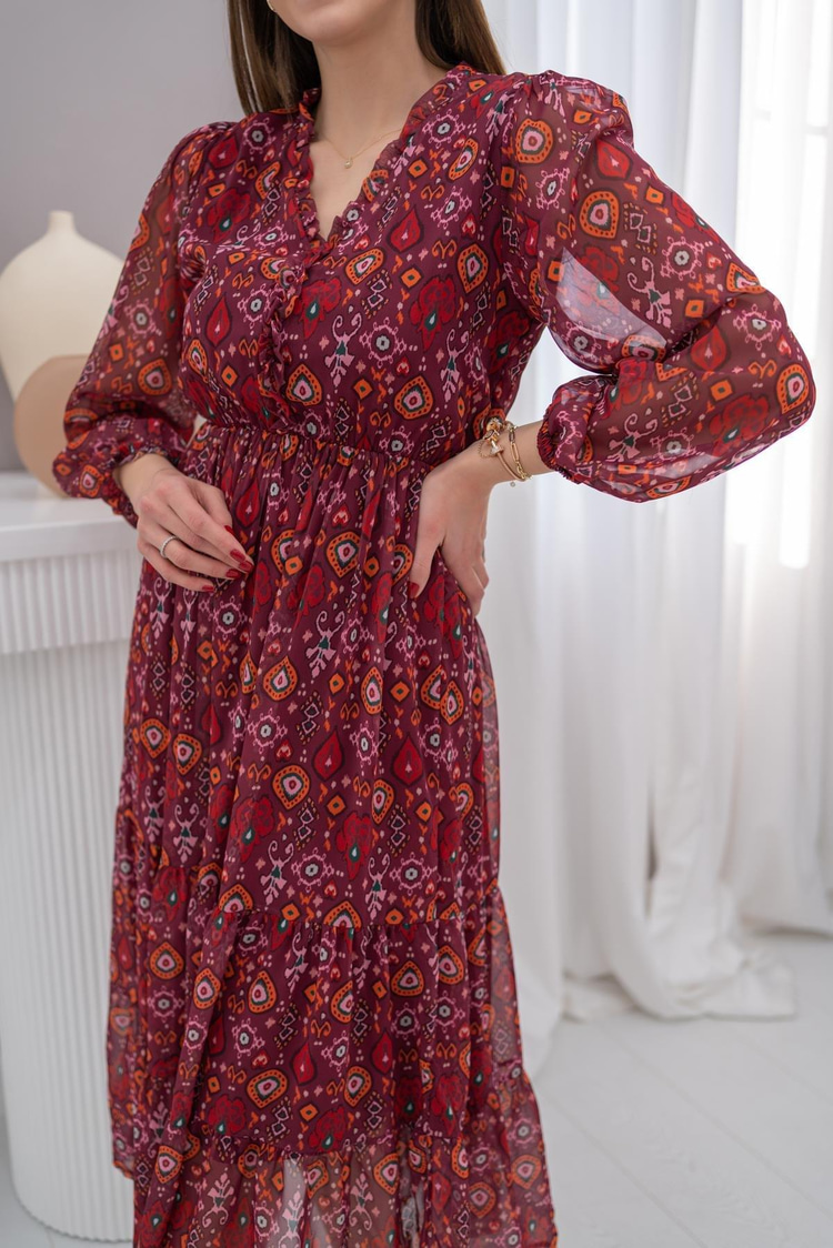 Burgundy Patterned Chiffon Dress
