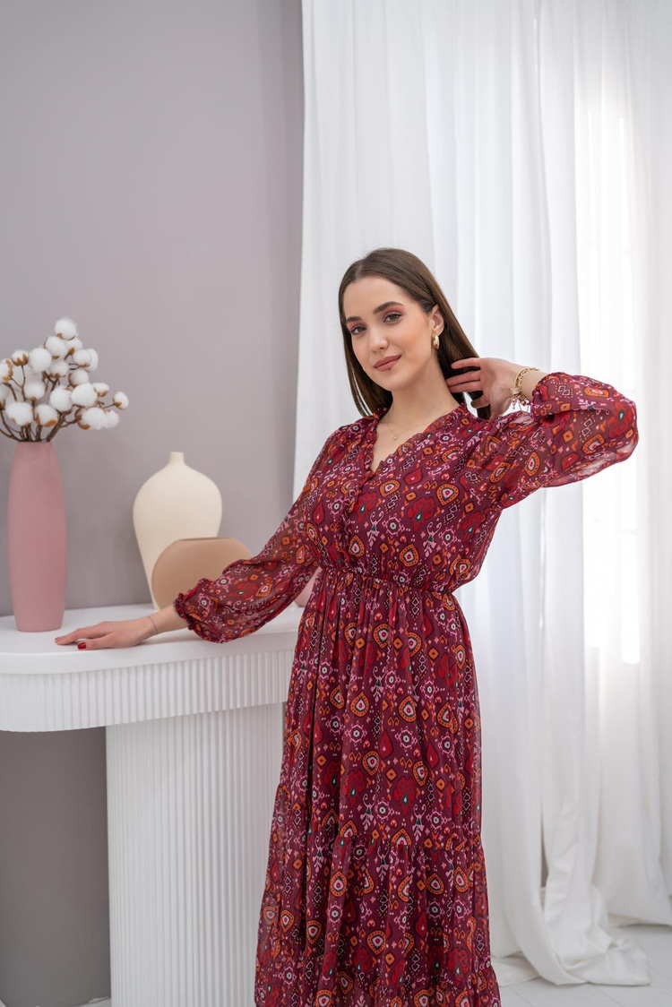 Burgundy Patterned Chiffon Dress