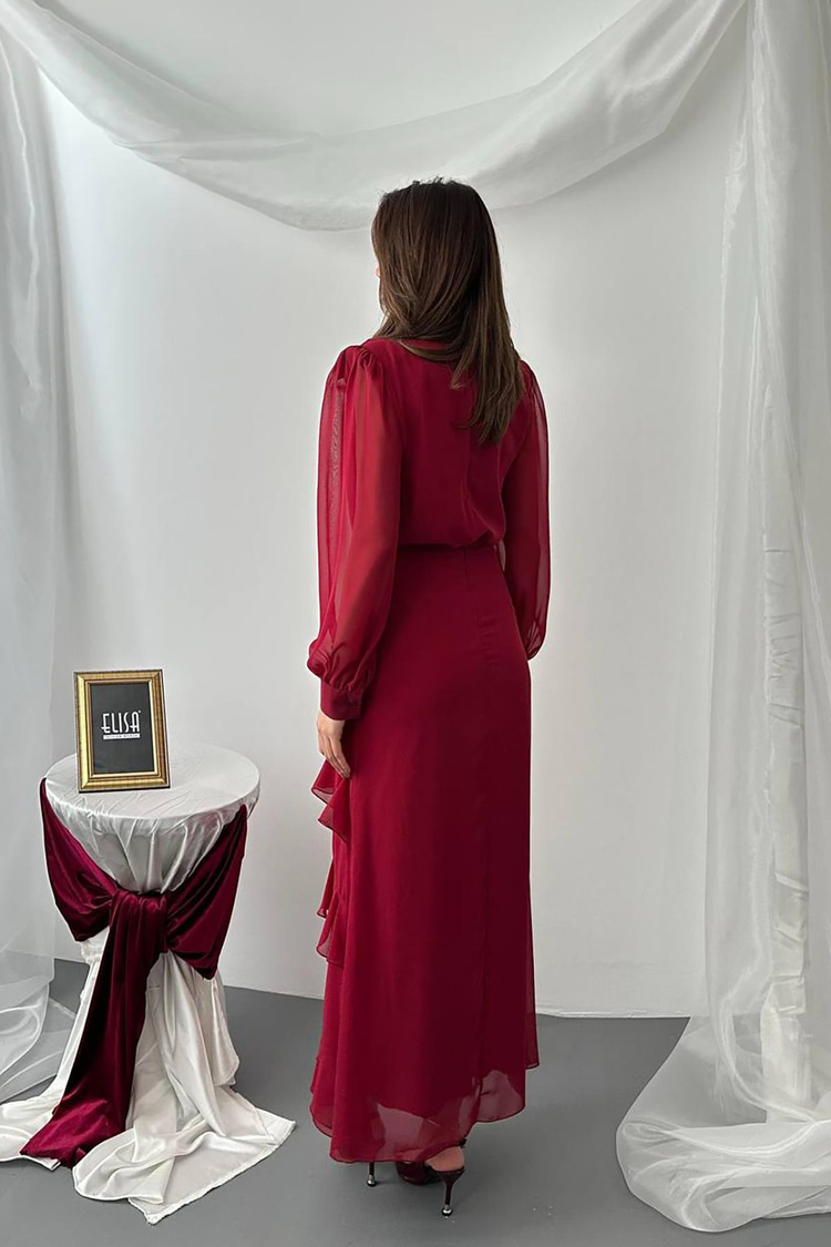 Bordo Fırfırlı Şifon Takım