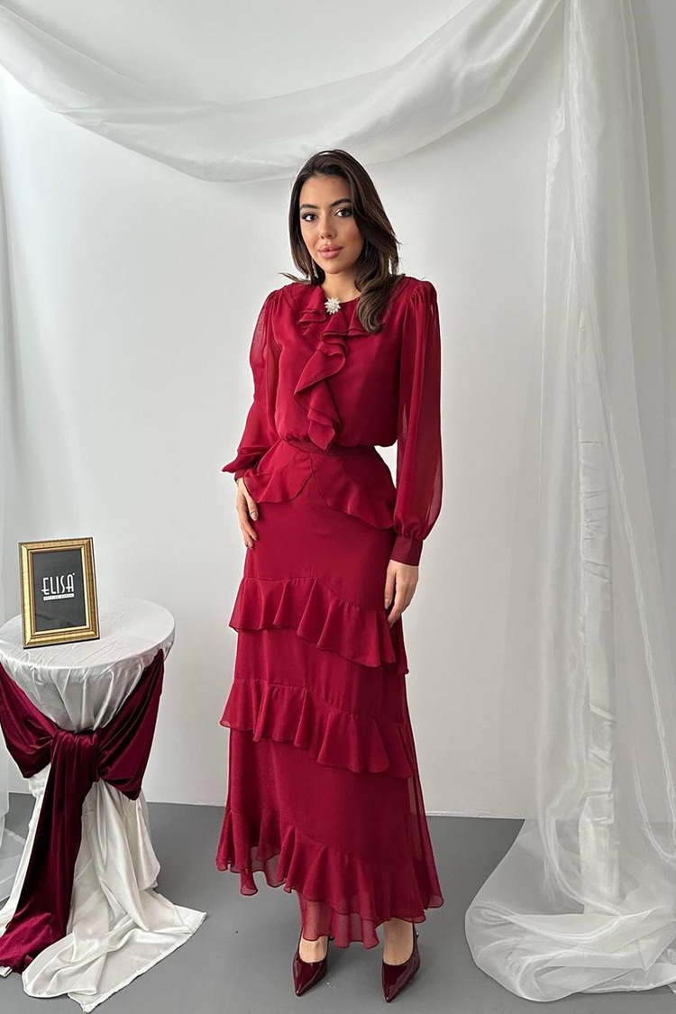 Bordo Fırfırlı Şifon Takım