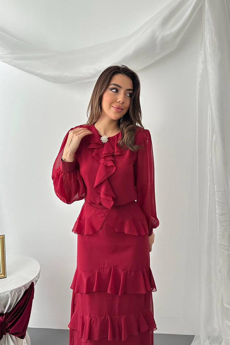 Bordo Fırfırlı Şifon Takım