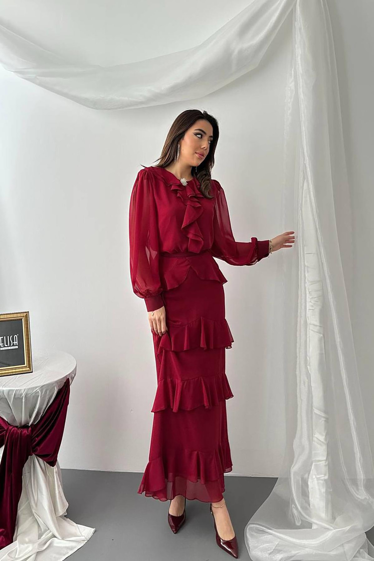 Bordo Fırfırlı Şifon Takım