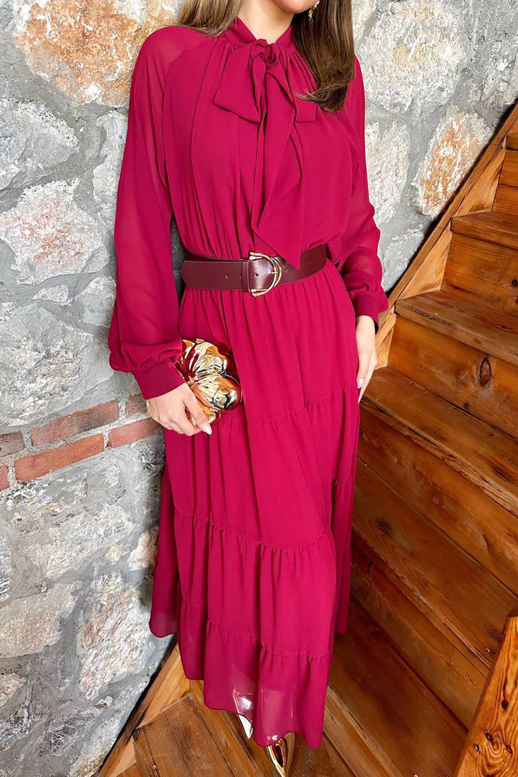 Burgundy Chiffon Dress With Scarf Collar Detail