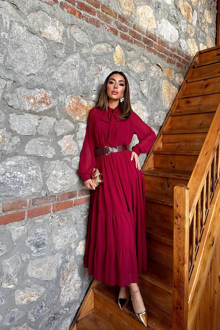 Burgundy Chiffon Dress With Scarf Collar Detail