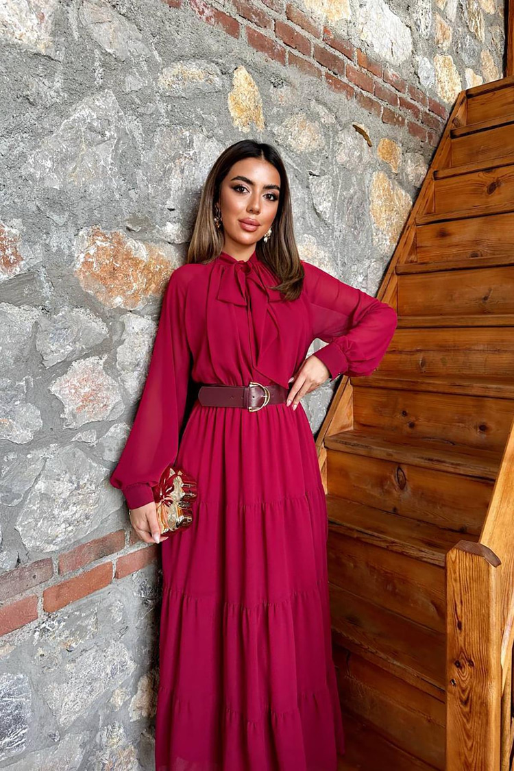 Burgundy Chiffon Dress With Scarf Collar Detail