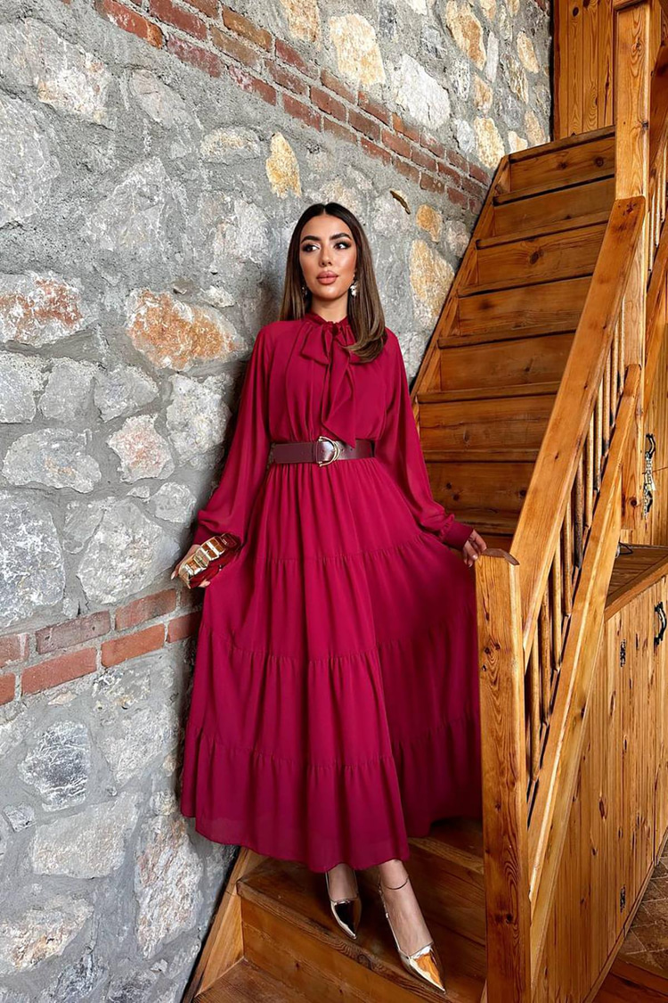 Burgundy Chiffon Dress With Scarf Collar Detail