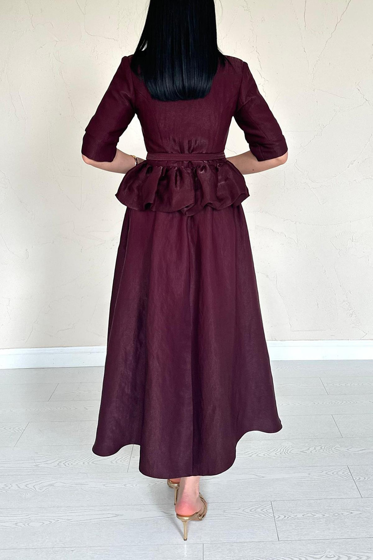 Bordo İnce Kemerli Fırfırlı Ceket Ve Büzgülü Etek Takım