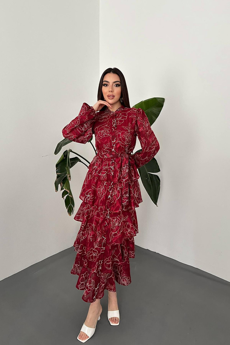 Бордовое Многослойное Жаккардовое Платье