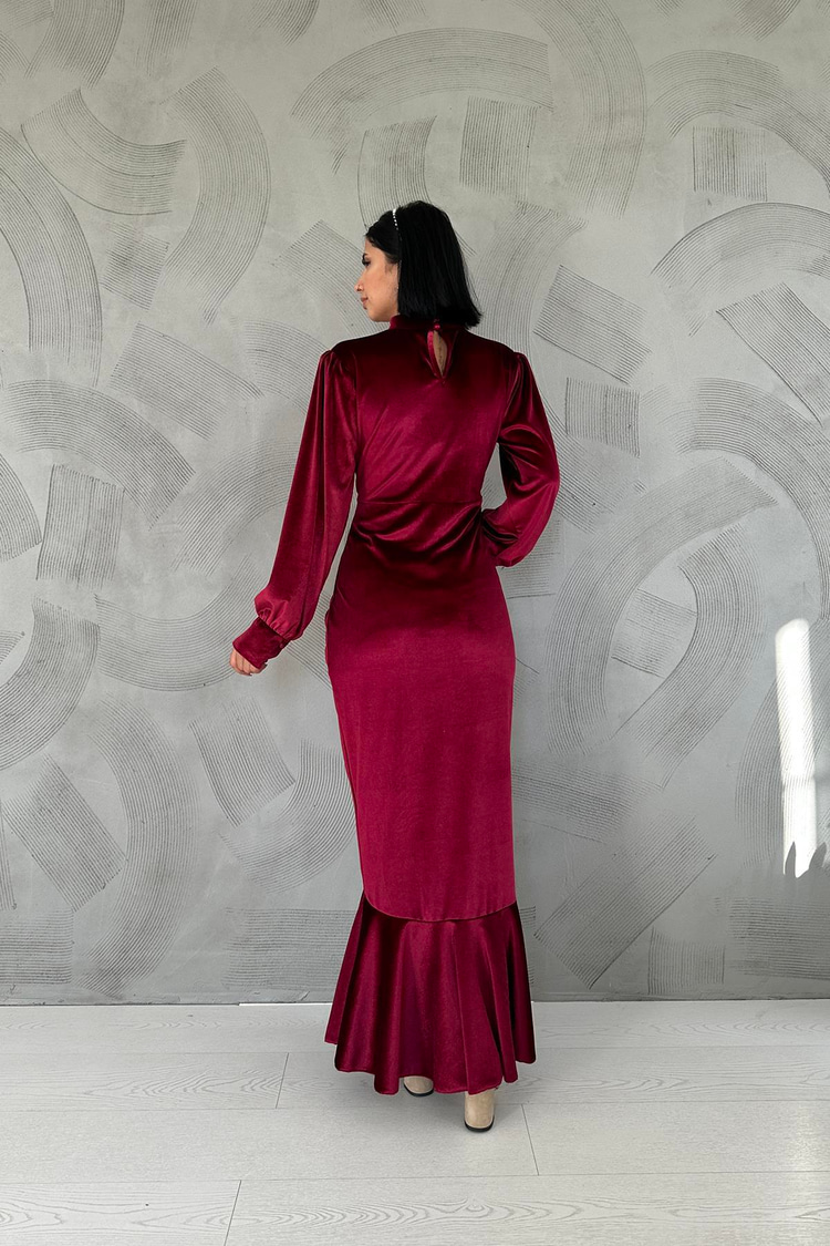 Burgundy High-Neck Dress With Gathered Front