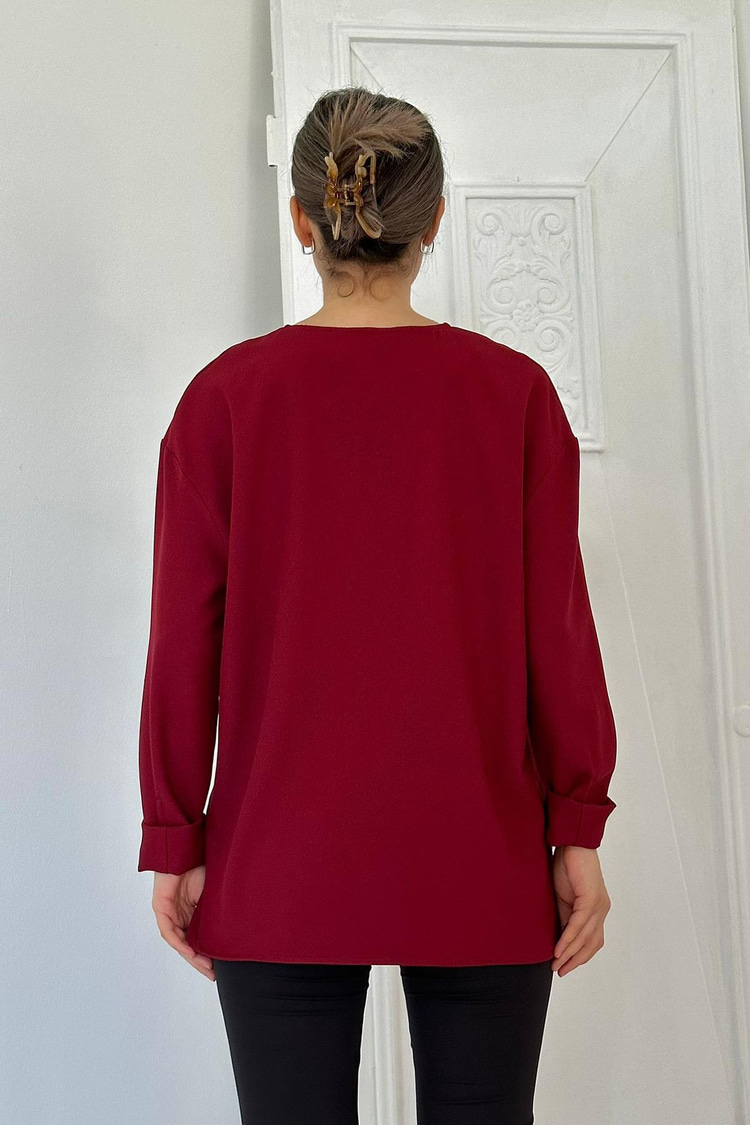 Burgundy Blouse With Brooch On The Collar