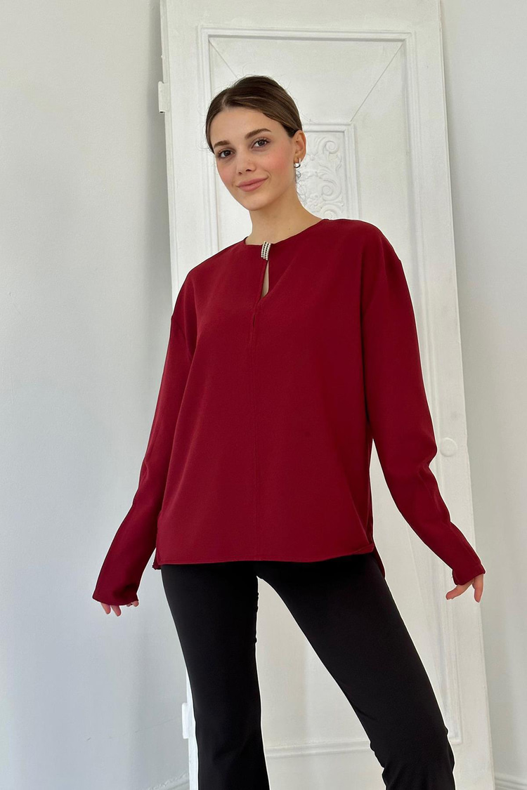Burgundy Blouse With Brooch On The Collar