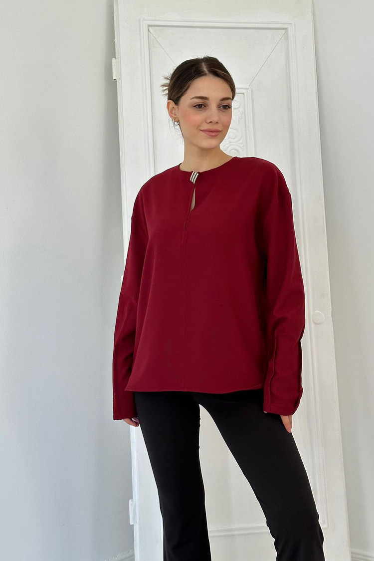 Burgundy Blouse With Brooch On The Collar
