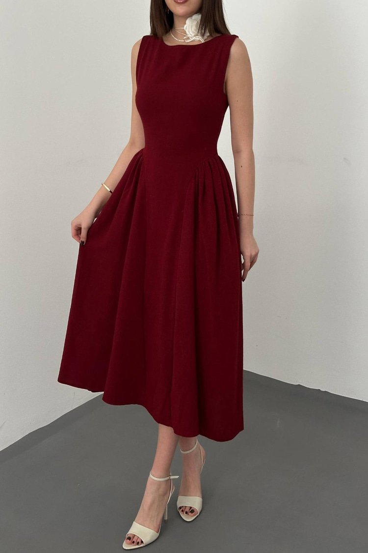 Burgundy Midi Length Linen Dress With Gathered Sides