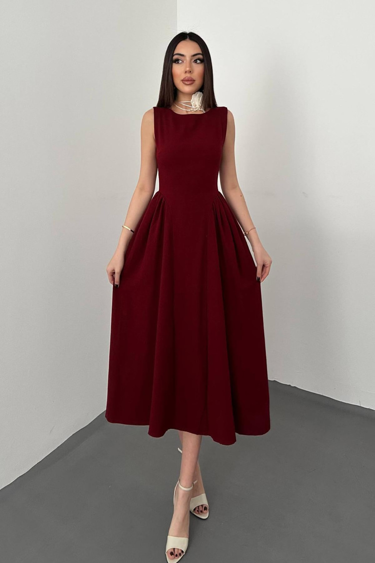 Burgundy Midi Length Linen Dress With Gathered Sides