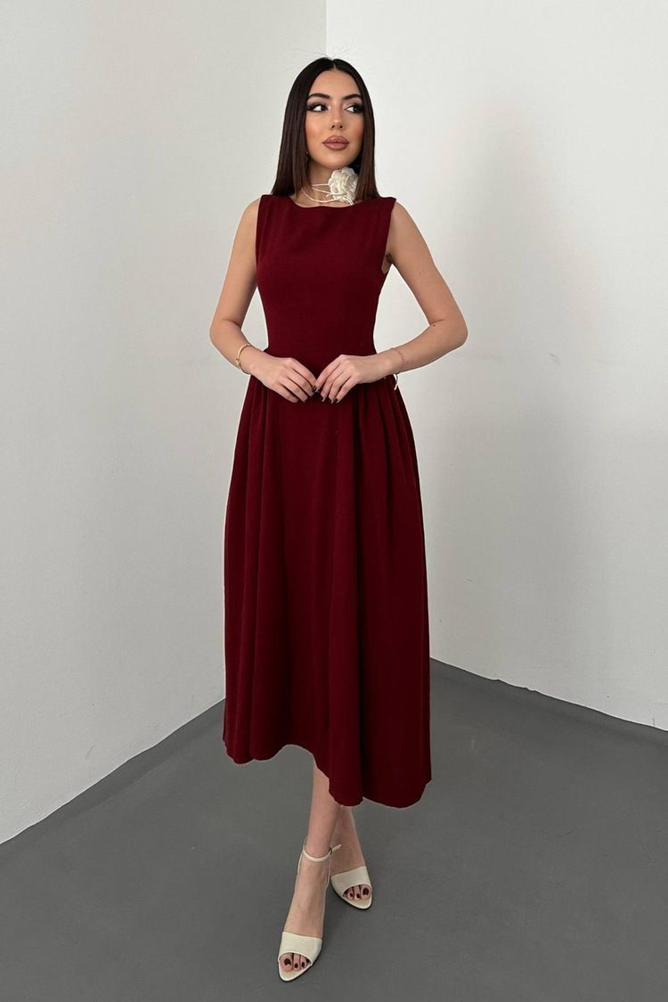 Burgundy Midi Length Linen Dress With Gathered Sides