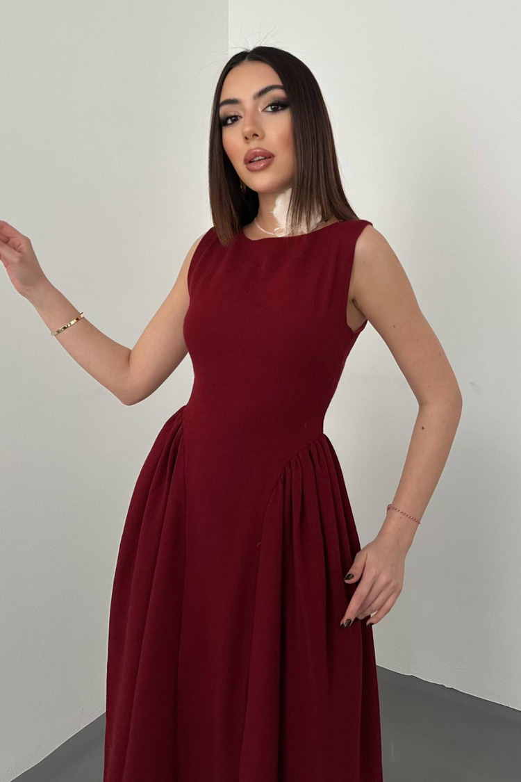 Burgundy Midi Length Linen Dress With Gathered Sides