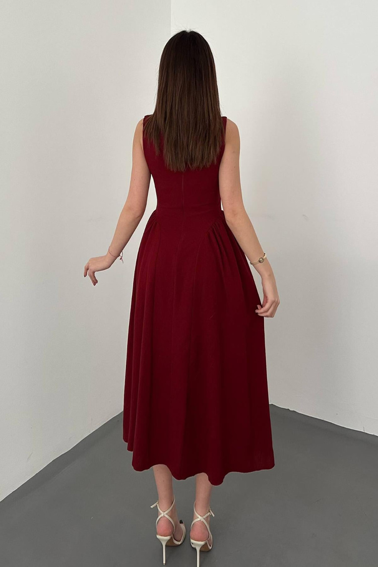 Burgundy Midi Length Linen Dress With Gathered Sides