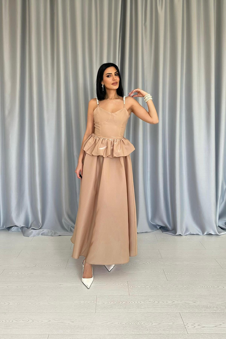 Camel Waist Gathered Pearl Strap Long Dress